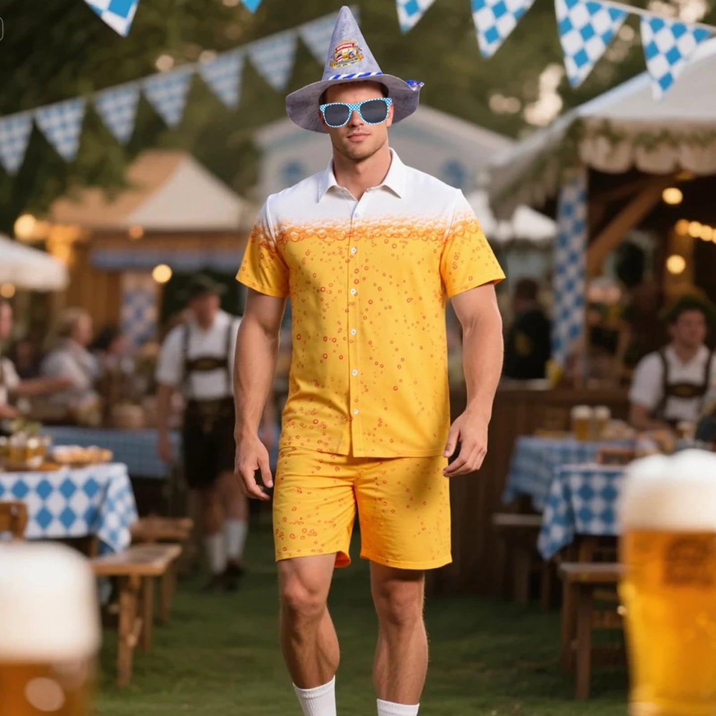 Matreeglam Oktoberfest Costumes Party Fashion Shirt for Women Men Beer Costume with Shirt Shorts Bavarian Felt Hats Glasses for Oktoberfest Folk Festival Carnival Theme Party (L)