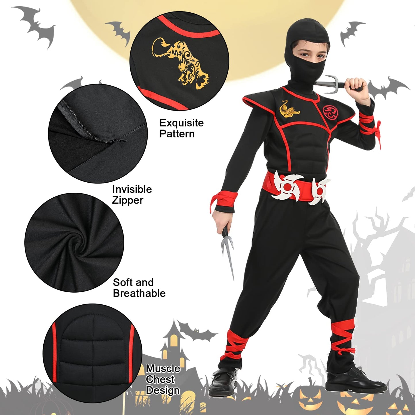 Aomig Kids Halloween Fancy Dress Costume with Ninja Accessories, Warrior Muscle Costume for Boys Girls, Luxury Role Play Outfit for Halloween Cosplay Theme Party (L)
