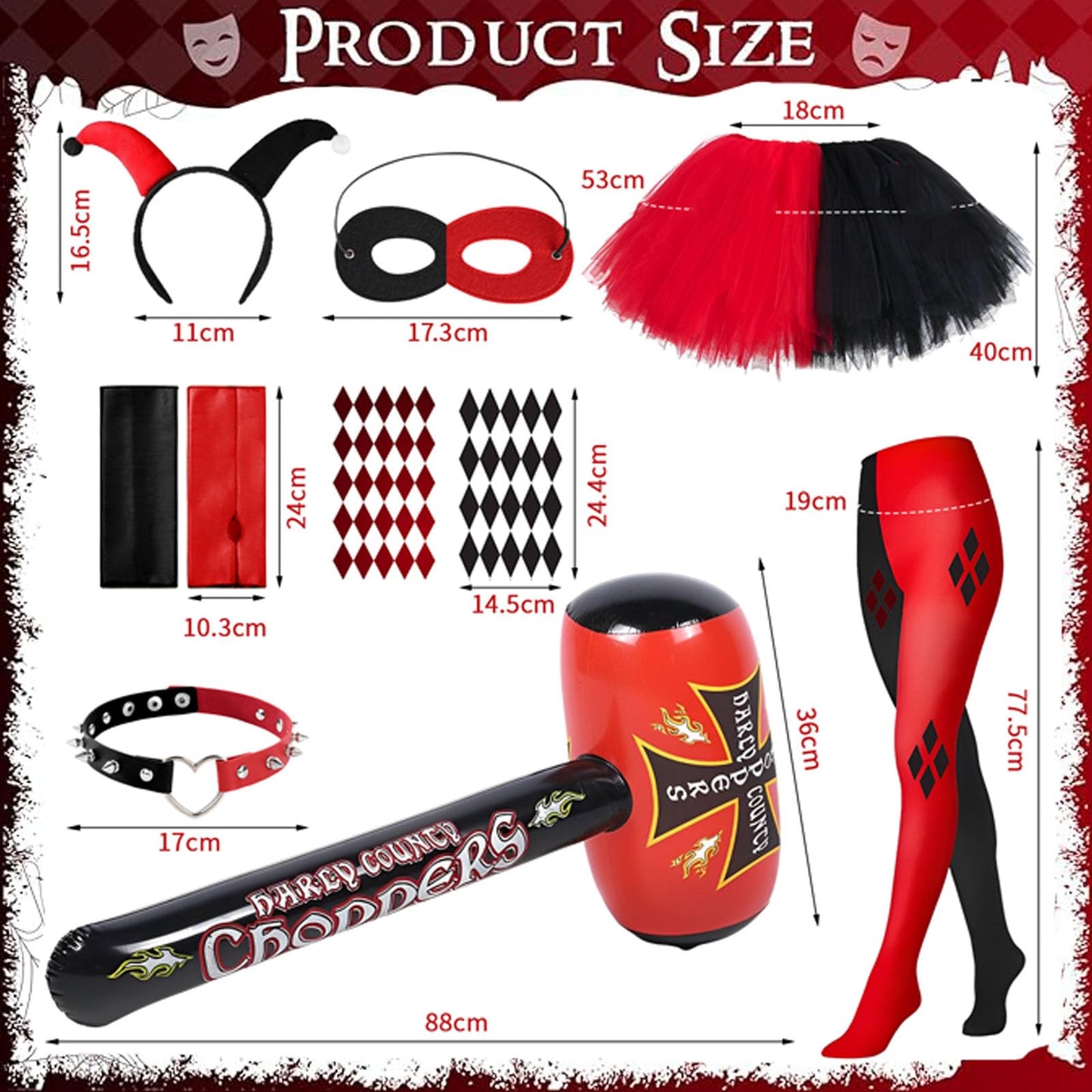 Vcumter Quinn Costume Cosply Adult, Joker Cosplay Costume Quinn Costume with Tütü Headband Necklace 2 Stickers Inflatable Hammer Cosplay Costume for Women Girls Halloween Carnival Party