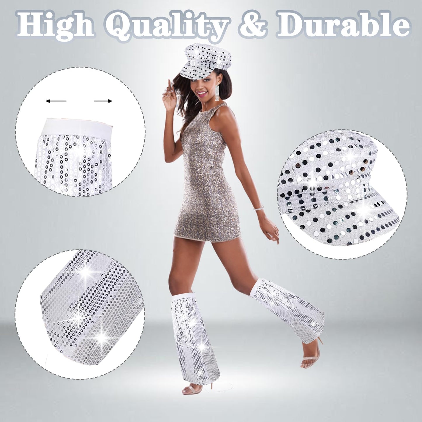 Xerteam 6Pcs 70s Disco Accessories, 70s Fancy Dress Women Accessories, Sequin Hat Frame Bling Sunglasses Earrings Leg Warmers, Disco Costume Set for Women Retro 70 Theme Party Hippie Costume (Silver)