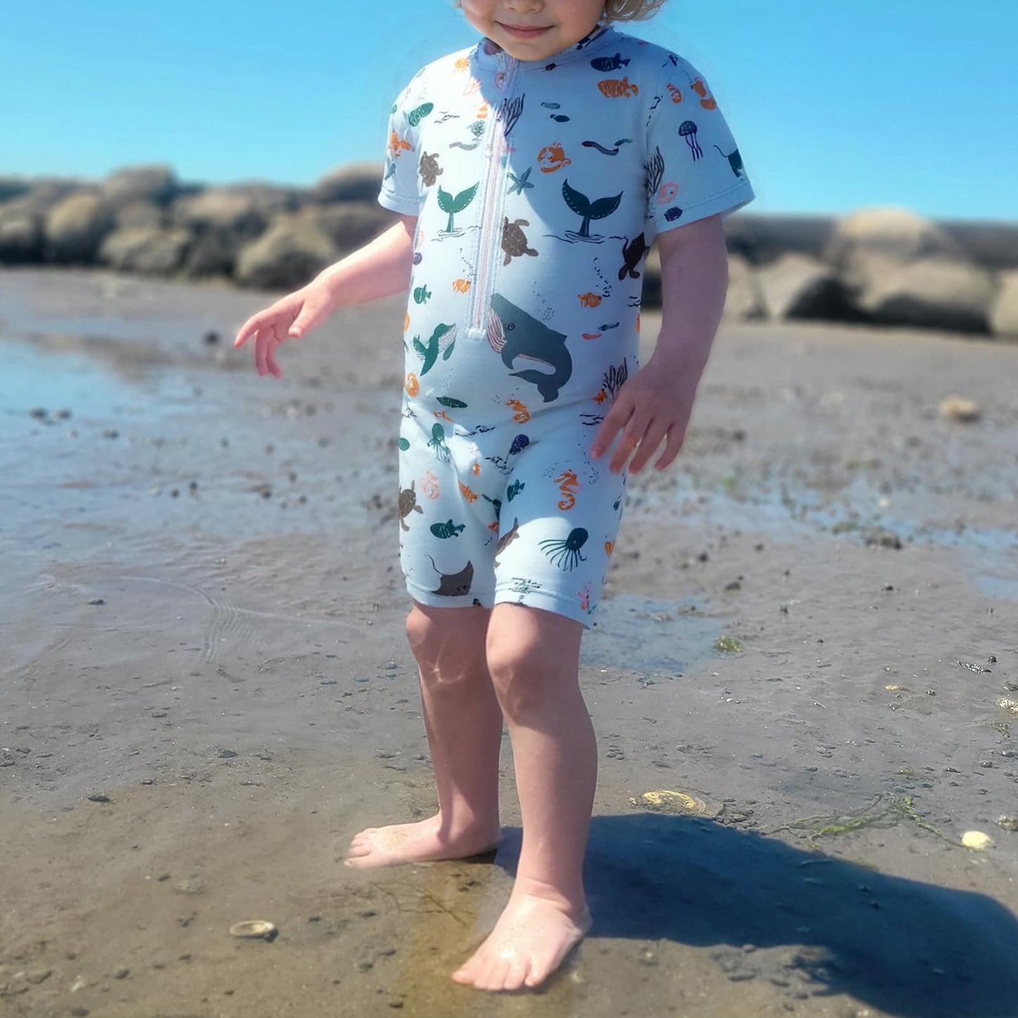 JiAmy Baby Boys Swimming Costume with Sun Hat Short Sleeve Zip Up Rash Guard Sun Protection Beach Swimsuit Infant Toddler One Piece Bathing Suits Blue 1-2 Years