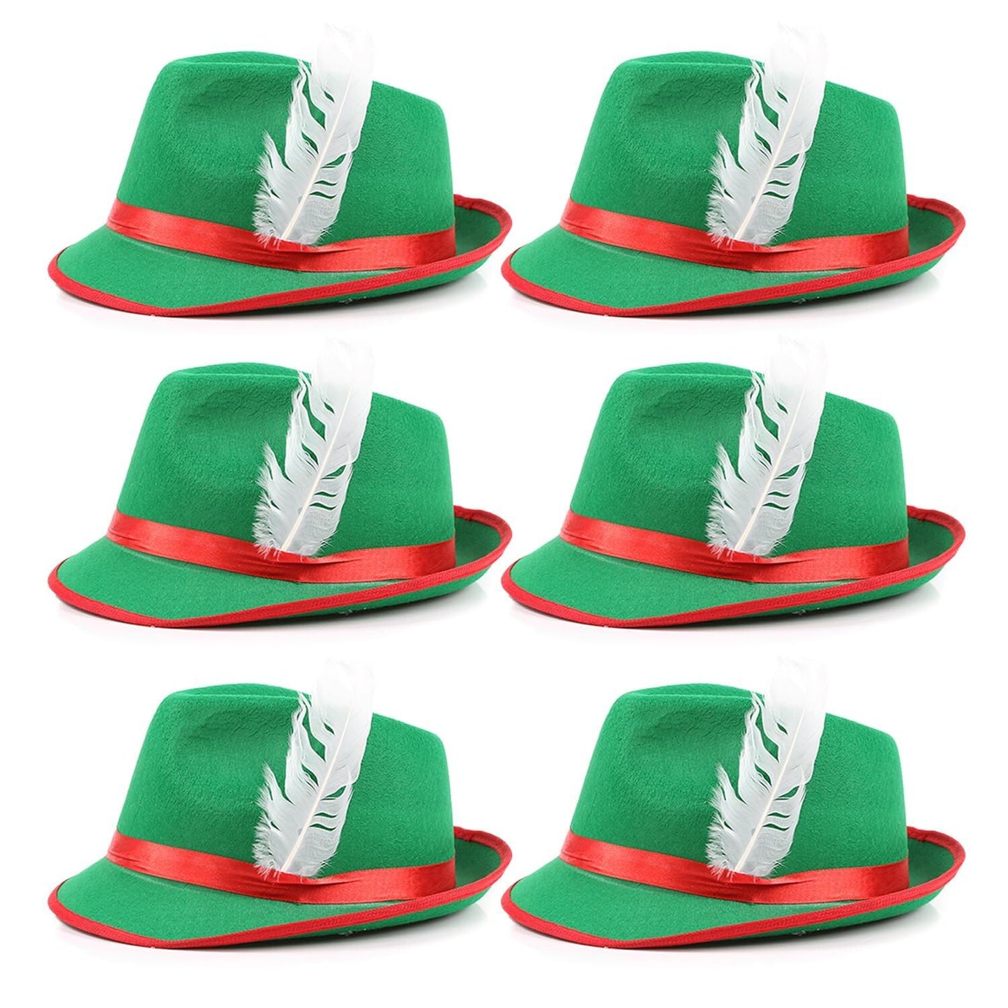Adults Green Bavarian Hat - Pack of 6 Green and Red Oktoberfest Hat with Feather Detail - Adults German Oktoberfest Fancy Dress Costume Accessory