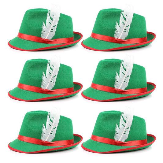Adults Green Bavarian Hat - Pack of 6 Green and Red Oktoberfest Hat with Feather Detail - Adults German Oktoberfest Fancy Dress Costume Accessory