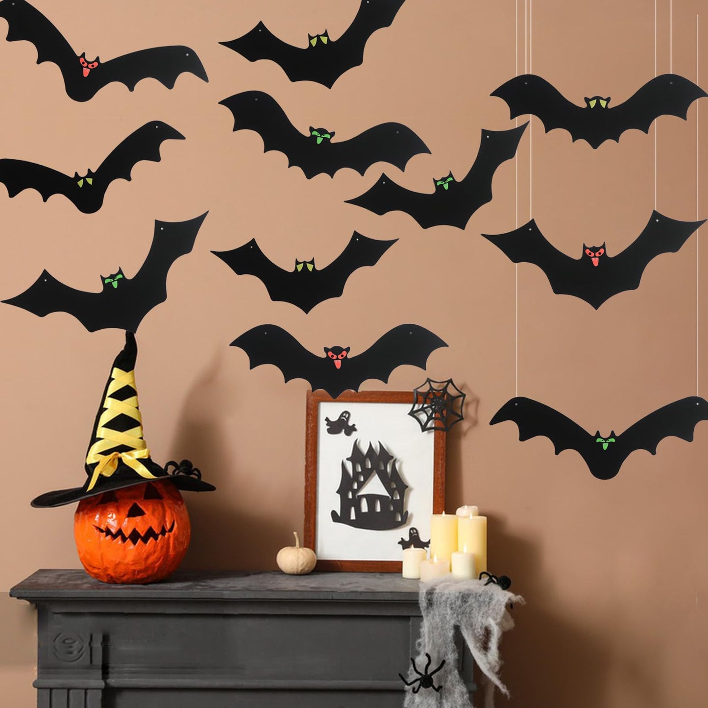 12PCS Bats Halloween Decorations, Black Halloween Hanging Bats/Flying Bat Decorations with Glowing Eyes for Halloween Decor Outdoor Yard Party