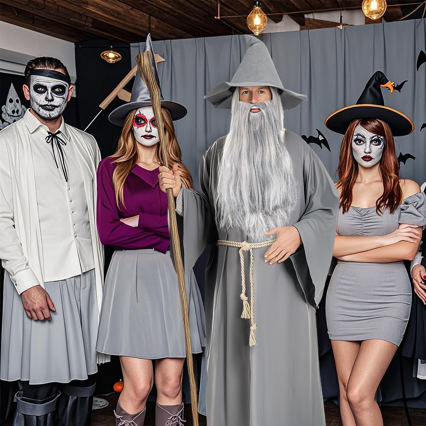 iZoeL World Book Day Costume Adult Teen Gray Wizard Costume Classic Old Wizard Outfit Book Character Dress-Up for Teacher Fancy Dress – Long Robe Hat Long Beard Wig Set