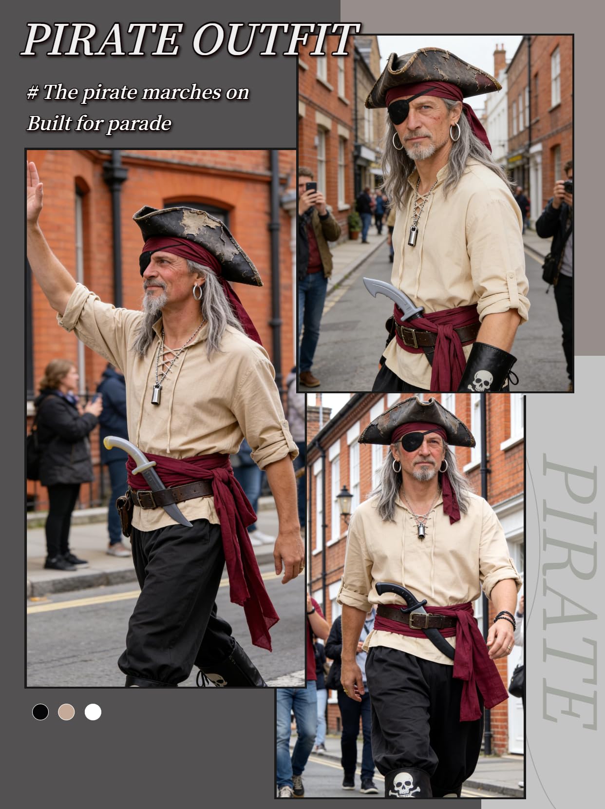 Pirate Costume Adult Men Eye Patch Medieval Shirt Trousers Bandana