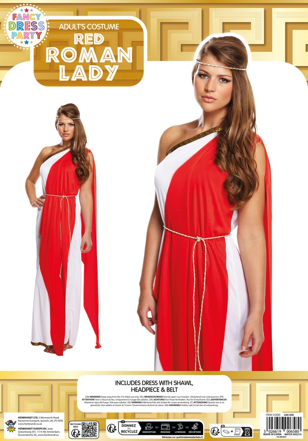 HENBRANDT Adult Women’s Roman Lady Long Dress with Red Shawl and Headpiece Floor Length White Toga Fancy Dress Costume Ancient History Dress Up Outfit One Size Ladies Fancy Dress Costume