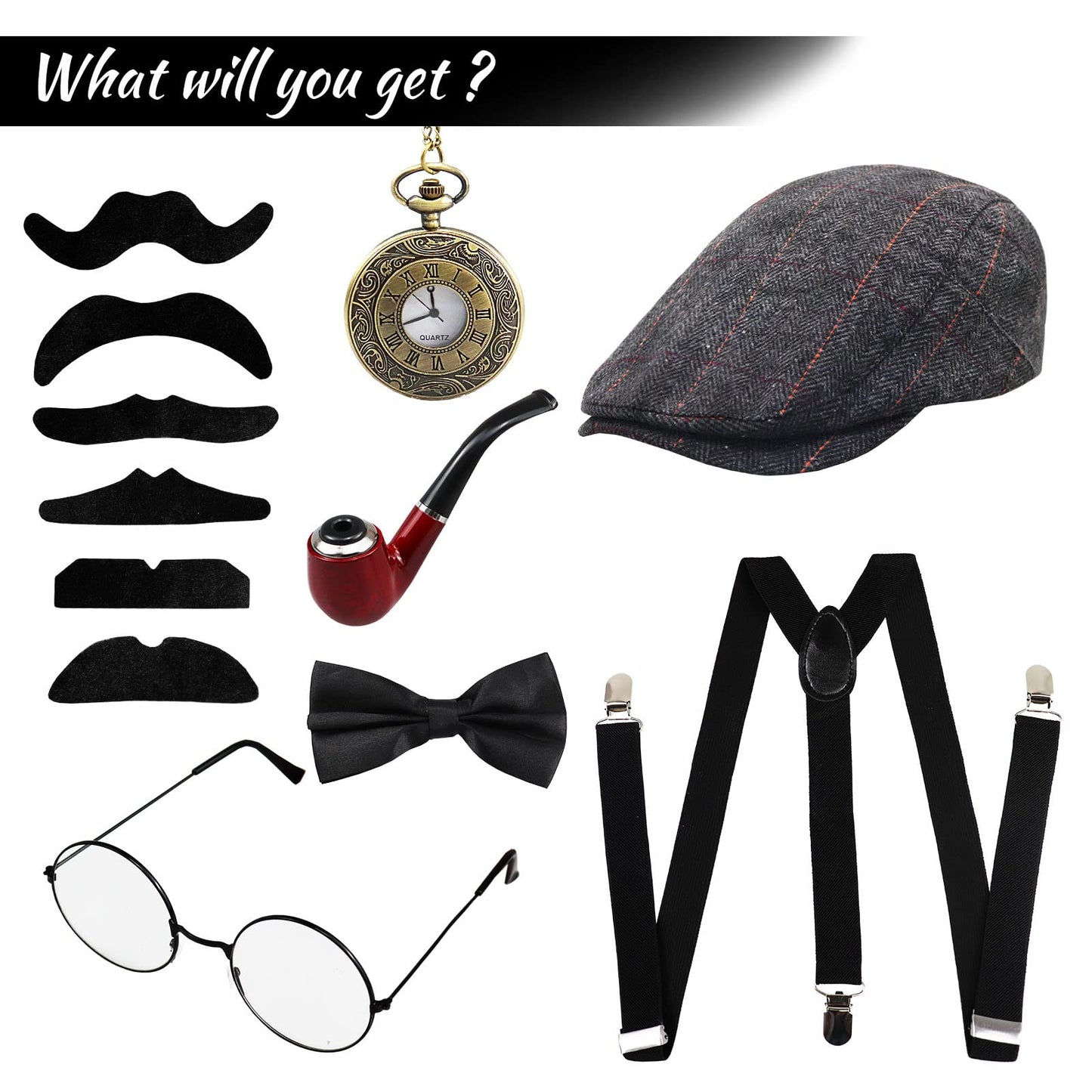 Grantop 1920s Gatsby Costume for Men,1920s Men Fancy Dress Accessories Set,Retro Gangster Costume Kit with Panama Hat Elastic Suspenders Mustache Pocket Watch Cigar (Style-1)