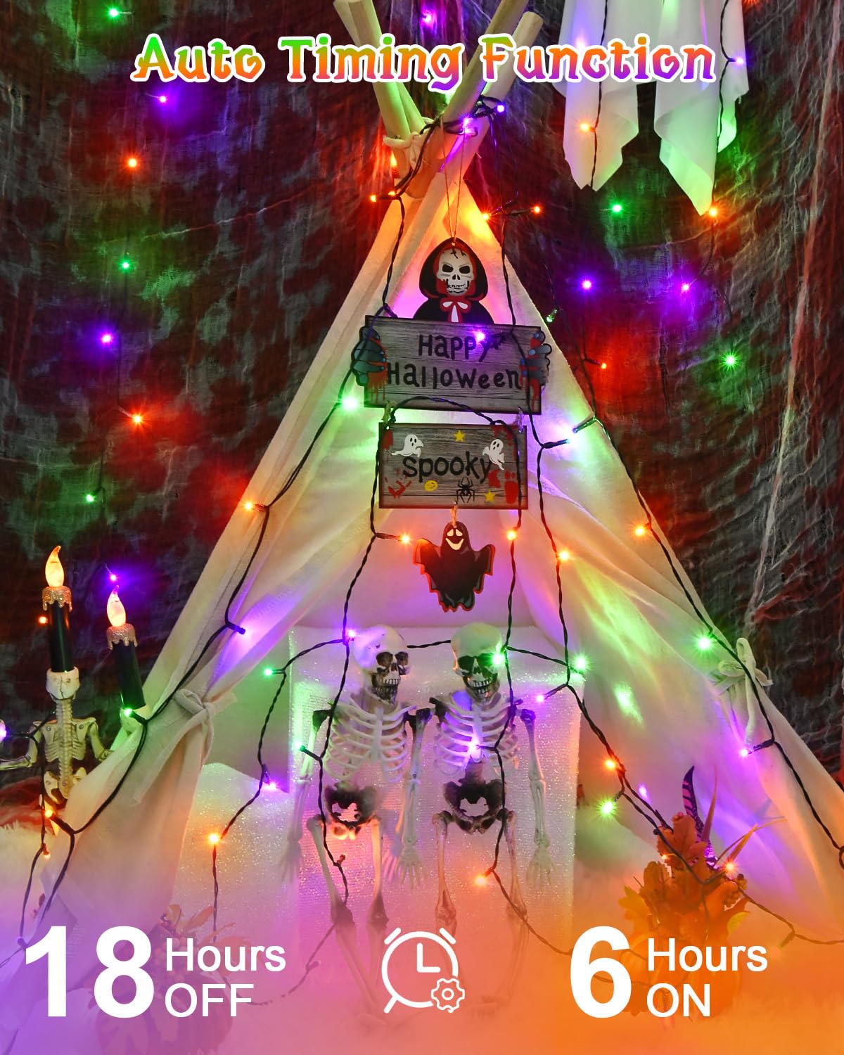 Dalugo Halloween Lights Orange Purple Green, 5M 50 LED Battery Operated Halloween Decorations Fairy Lights with Timer, IP65 Waterproof Indoor Outdoor String Light for Hallow‌ Decor(Green Wire)