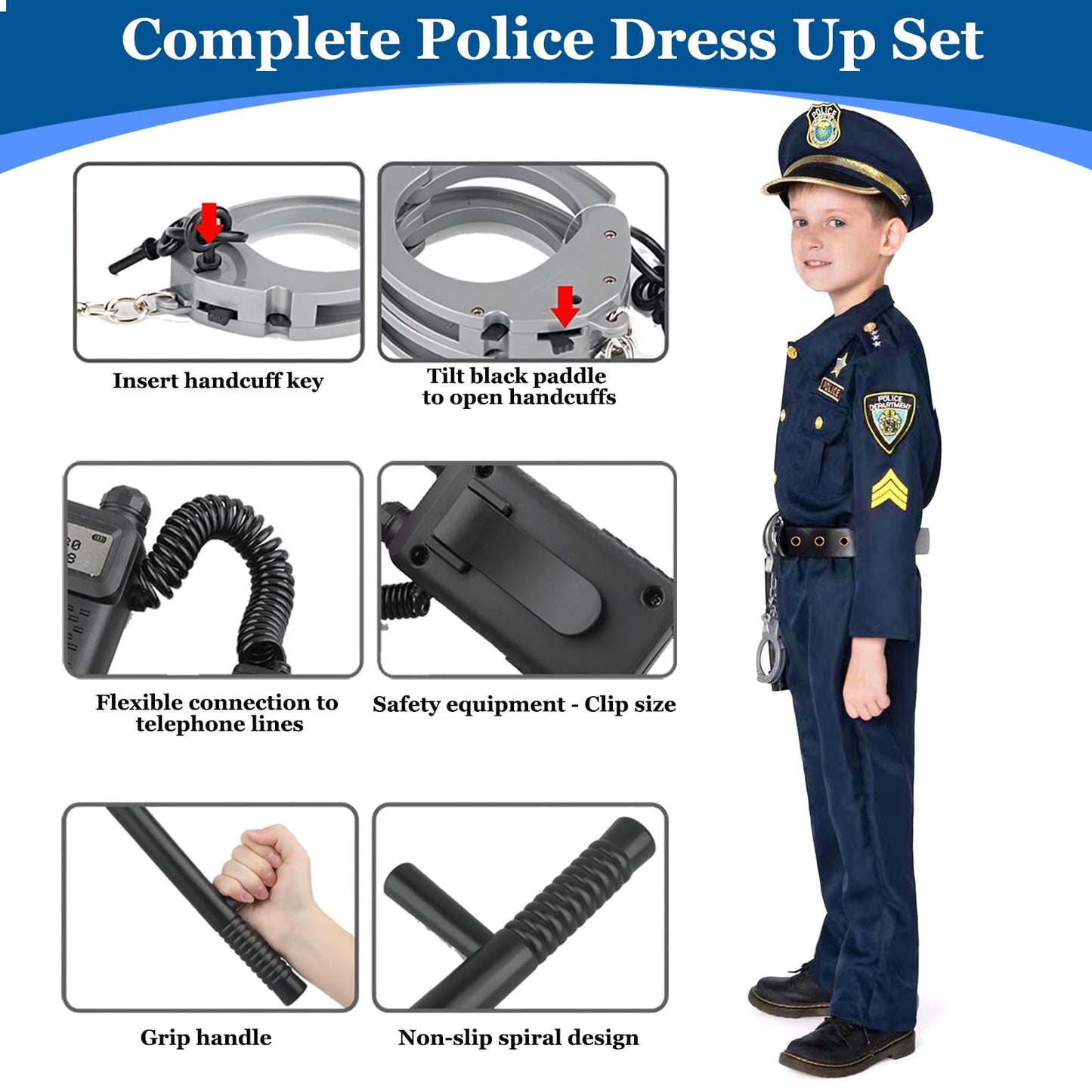 Amtum Police Costume Kids Policeman Uniform Kids Police Officer Costume With Cop Pretend Play Accessories For Halloween Dress Up Set Role Play Officer,Blue-XS
