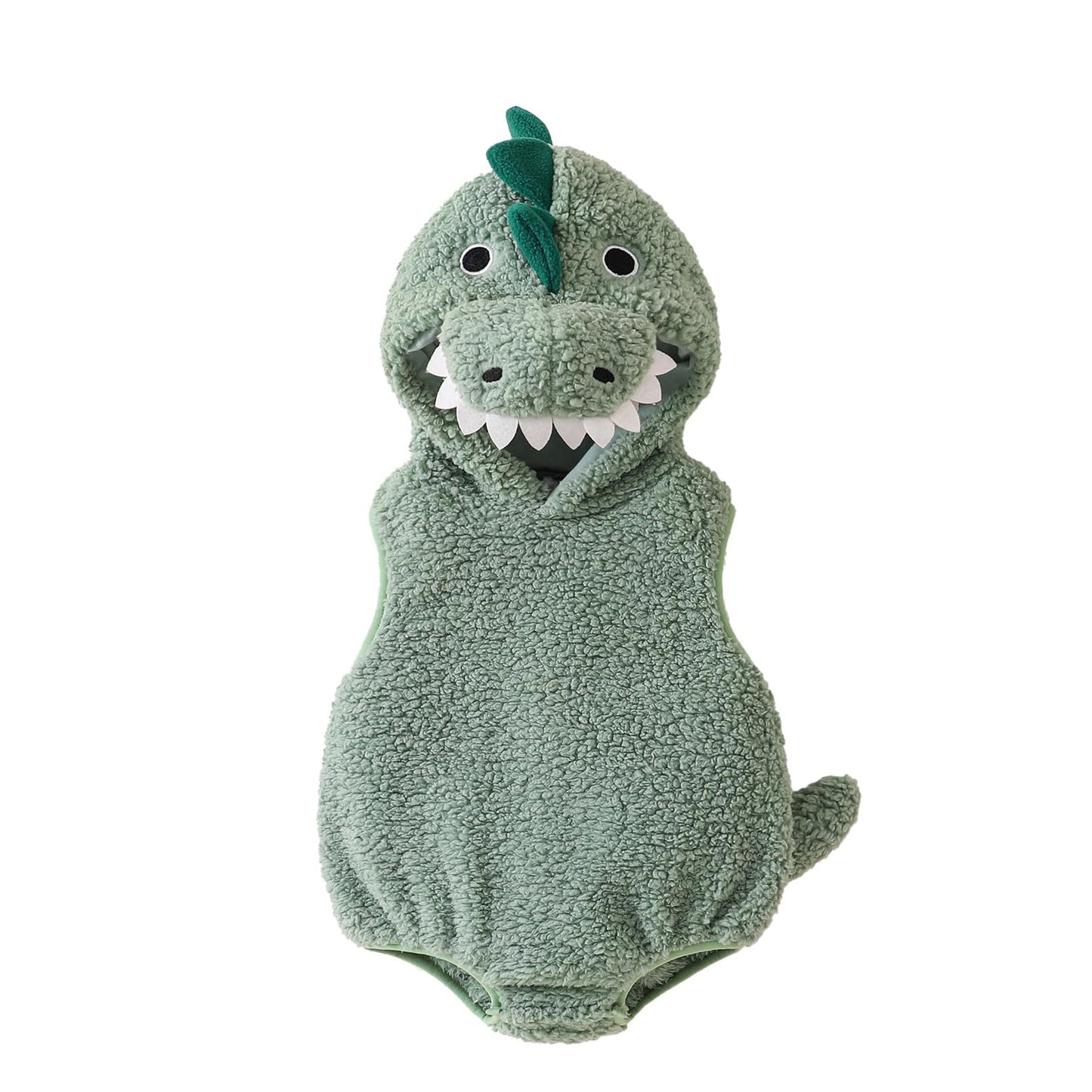 Carolilly Baby Boys Dinosaur Outfits Winter Warm Infant Baby Jumpsuit Newborn Hood Romper Plush Sleeveless Bodysuits Toddler Halloween Clothes (Green, 0-3 Months)
