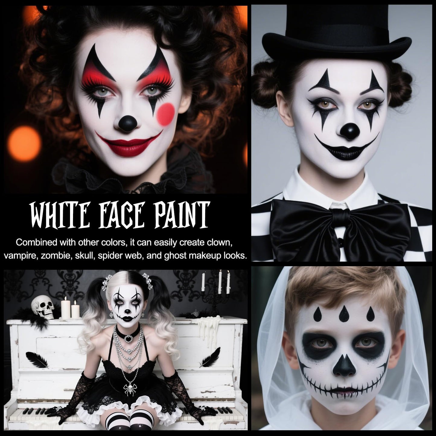 50g White Face Paint Halloween - 1.76oz Halloween Makeup Kit Kids Adults With Brushes, Professional Body Paint Set for Zombie Vampire Skeleton Joker Clown Witch Day of the Dead, Fancy Dress Festivals