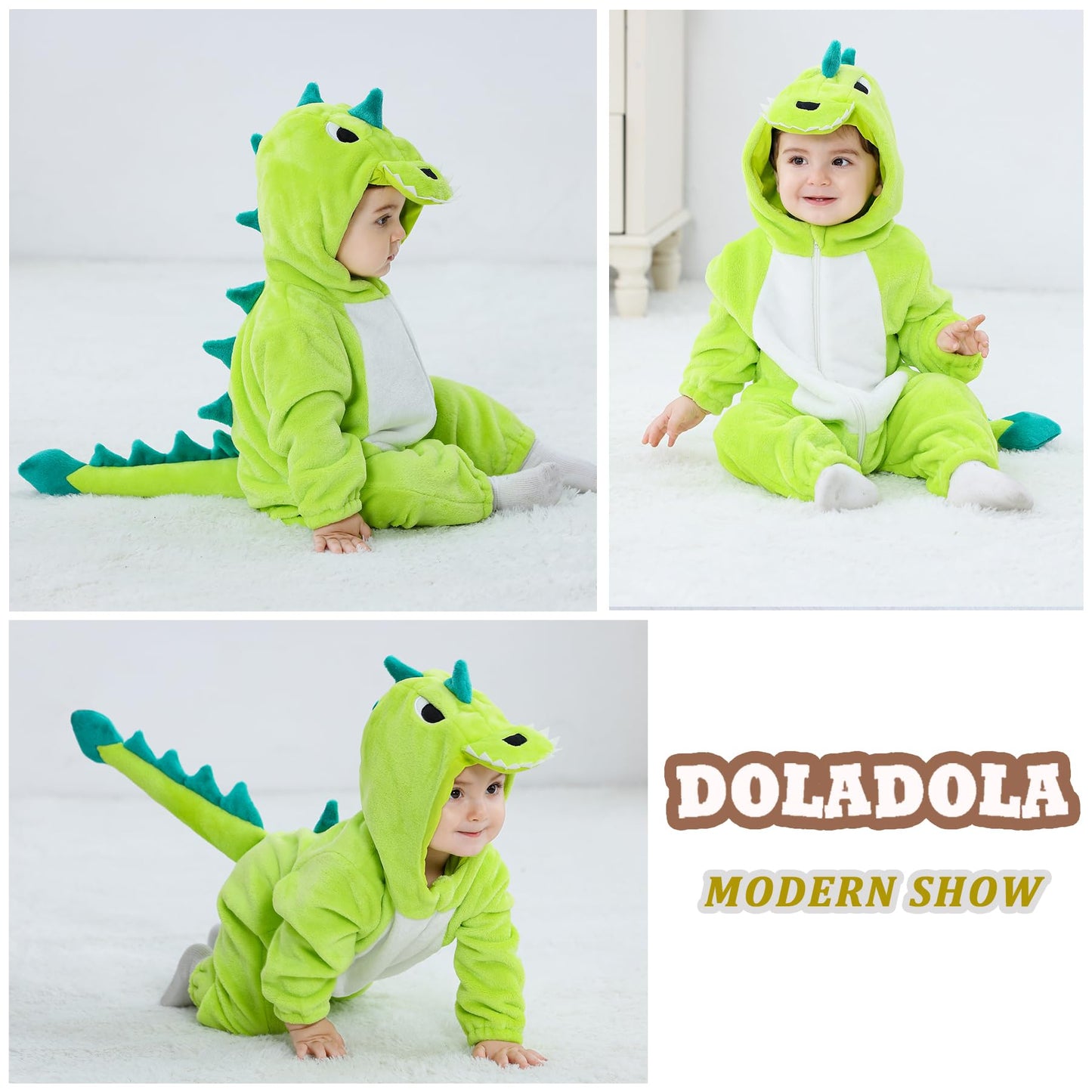 Doladola Unisex Baby Onesie Animal Cartoon Cat Jumpsuits Toddler's Hooded Rompers Outfit (2-3 Years,Green Dinosaur)