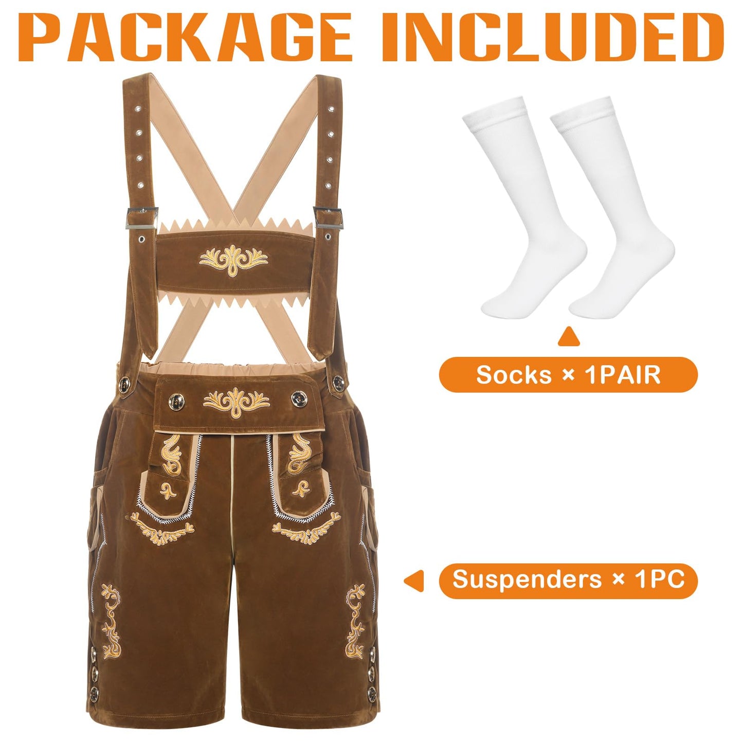 Joyesplay Lederhosen Men Oktoberfest Costume,Bavarian Outfit with Lederhosen Shorts＆Socks for Festivals Celebrations Adult Mens (Brown, XL)