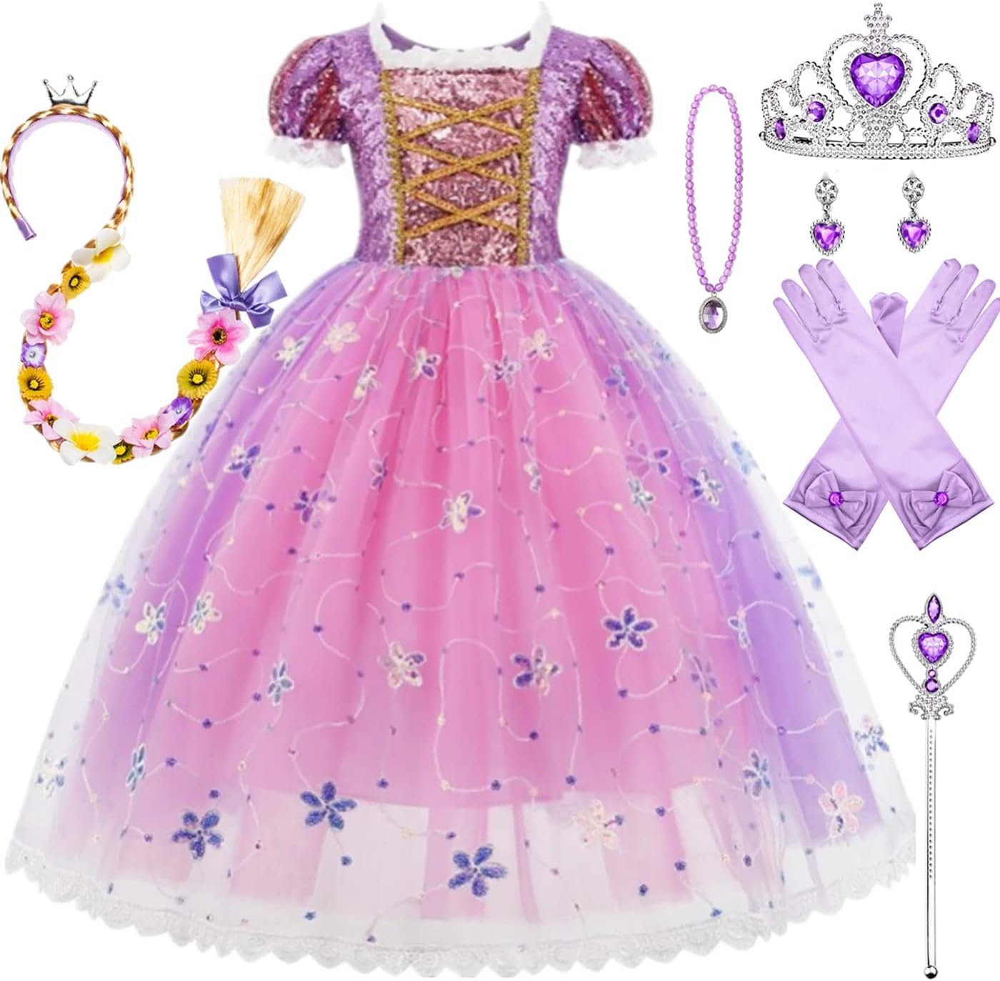 Kosplay Girls' Princess Rapunzel Costume Puff Sleeves Princess Fancy Dress Children's Princess Dress with Accessories Birthday Party Christmas Halloween Carnival Cosplay Dresses