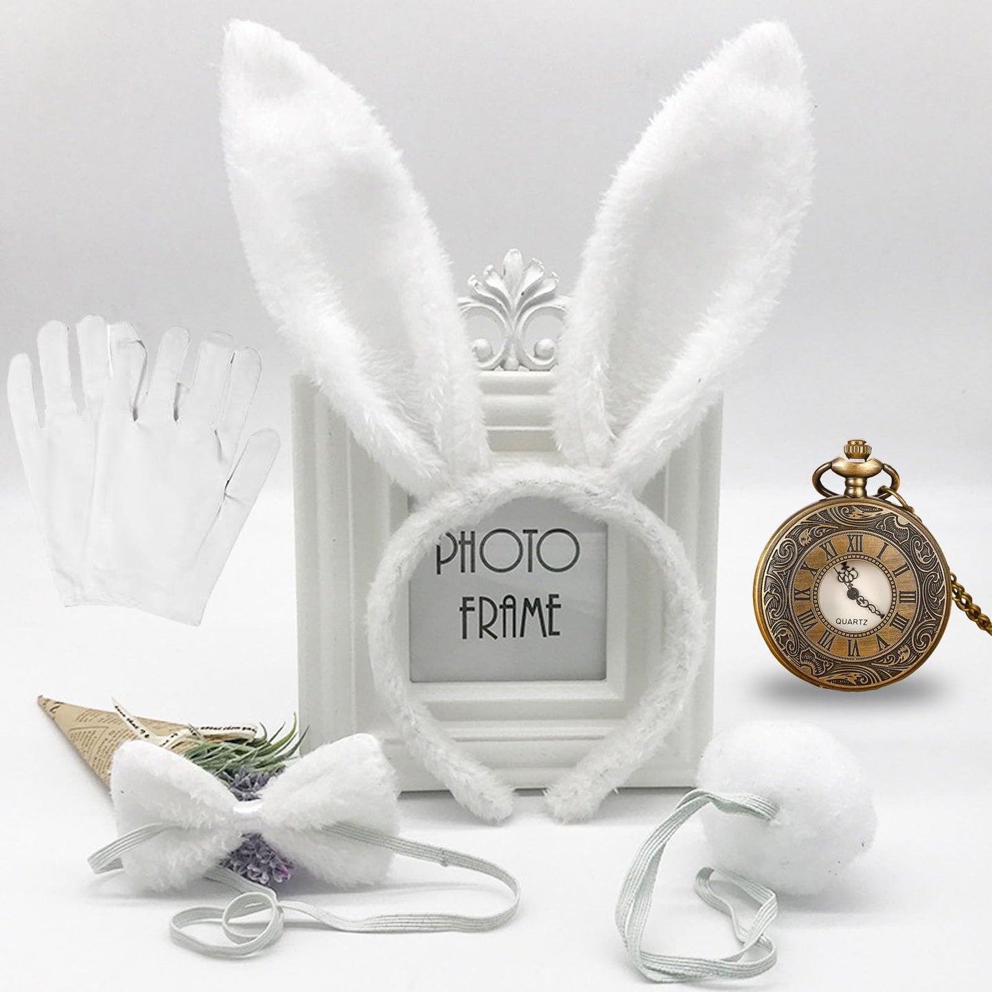5Pcs White Rabbit Alice in Wonderland Costume Set, White Rabbit Costume, Rabbit Ears Costume for Easter, World Book Day, Halloween Party, Cosplay (White Gloves,Clock,Bow Tie,Bunny Ears and Tail)