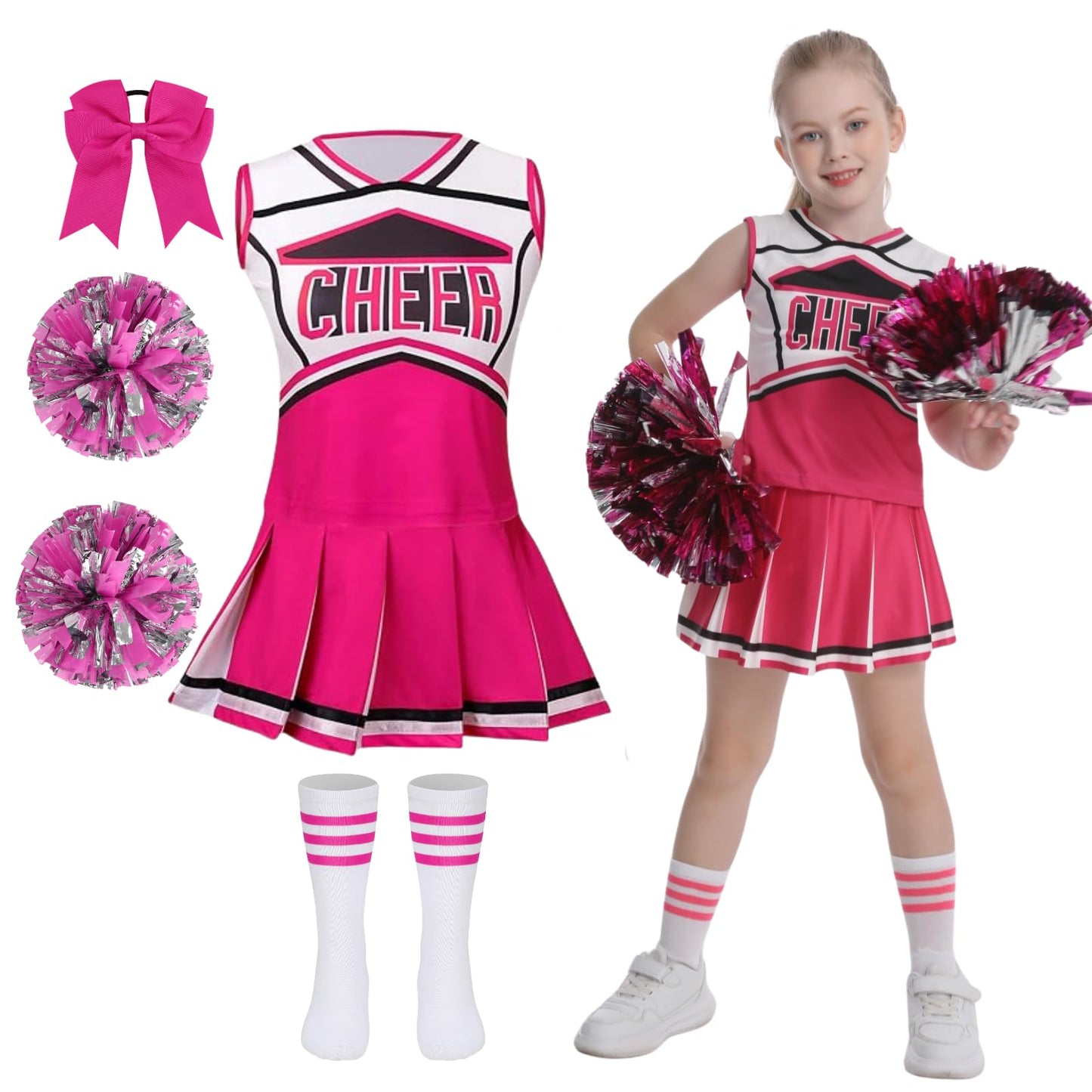 DELIVESS Cheerleader Costum for Girls Cheerleading Outfit Kids School Cheer Uniform 5 Pcs Set for Halloween Party Dress up 6-7 Years (130, Rose Red)