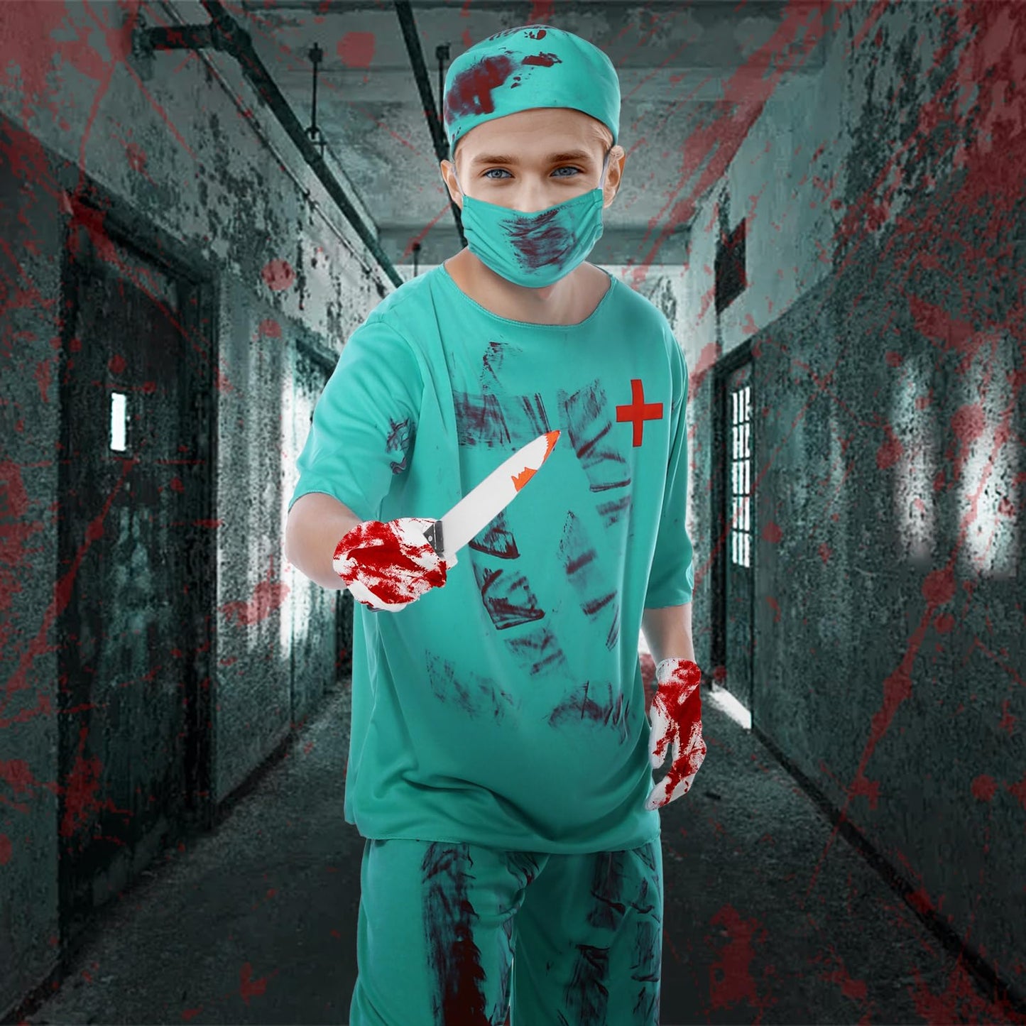 Joyesplay Bloody Surgeon Costume Fancy Dress Costume 7Pcs Set Surgeon Blue Couples Halloween Adult Scrubs Bloody Splatter Horror Halloween for Men