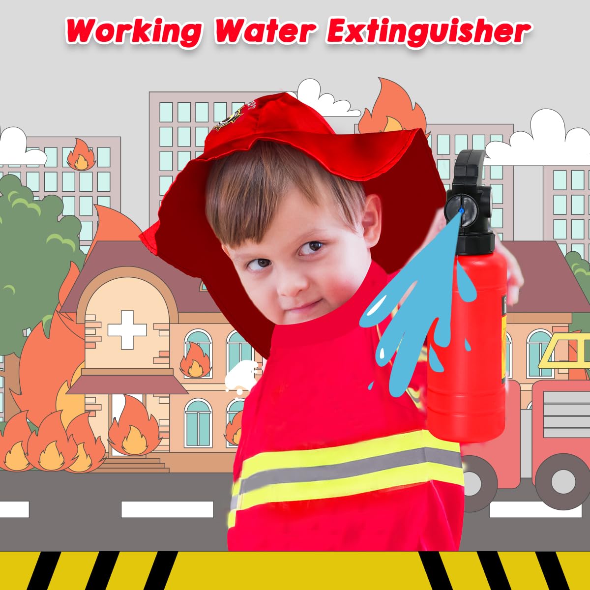 LOYO Kids Role Play Halloween Costumes, Red Fireman Costume with Firefighter Outfit Toys Accessories for 3 to 6 Year Old Children