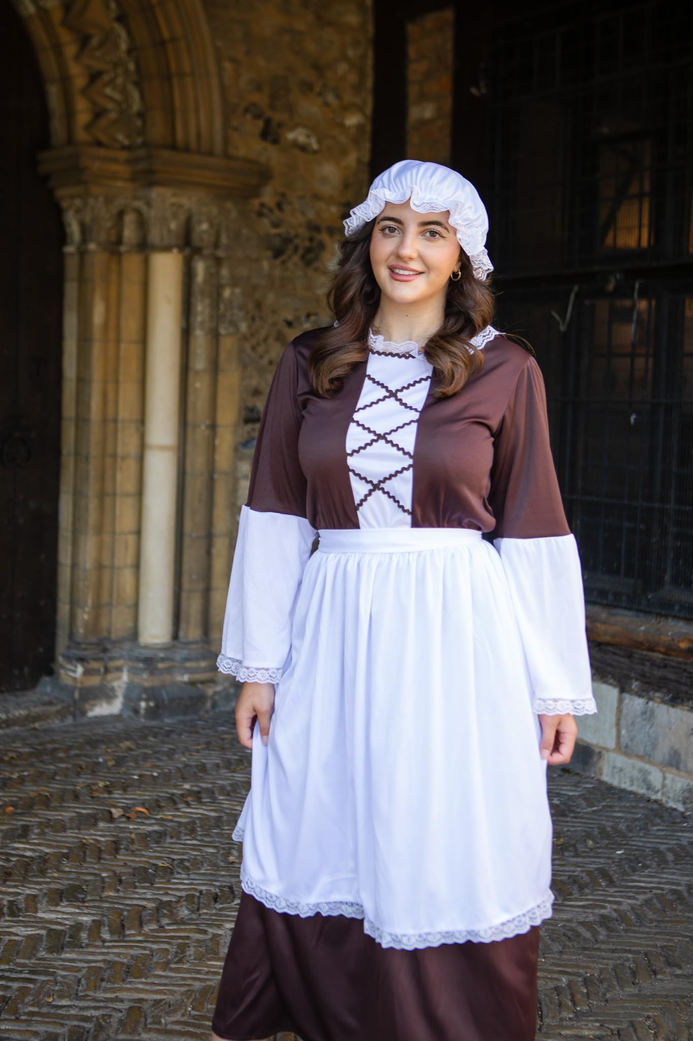 Ladies Tudor Maid Costume - XLarge - Including Brown Long Dress With Detailing on the Sleeve + White Apron + White Mop Cap Perfect for Any Themed Fancy Dress Party