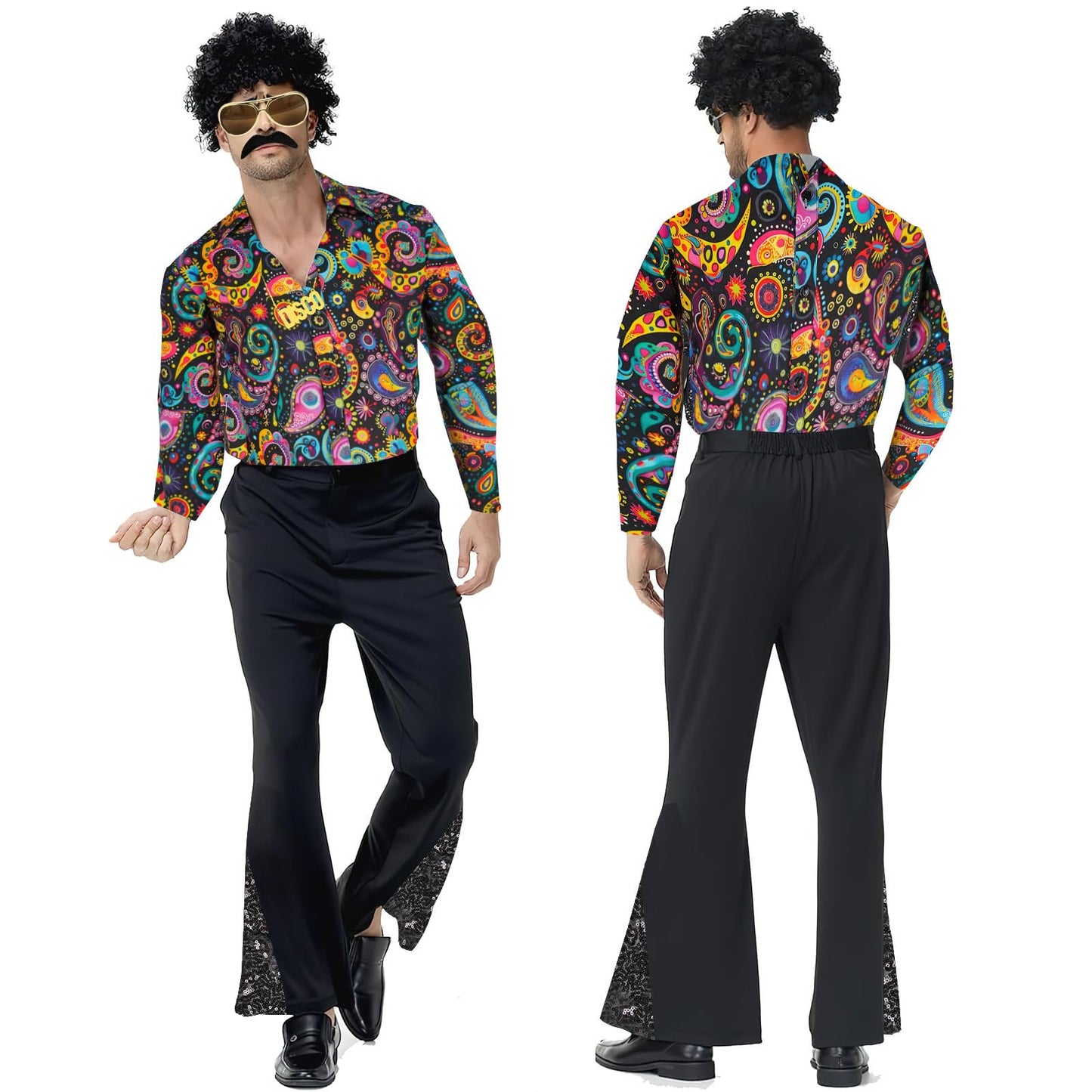Malloom 70s Outfits for Men 6 Pcs Disco Outfit Retro Costume with Bell Bottom Pants for Disco Party (Floral) (M)