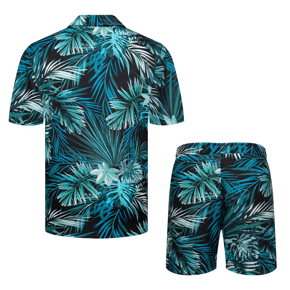 Wirltte Mens Hawaiian Shirt and Shorts Set Tropical Floral Print 2 Piece Outfits Blue Green S