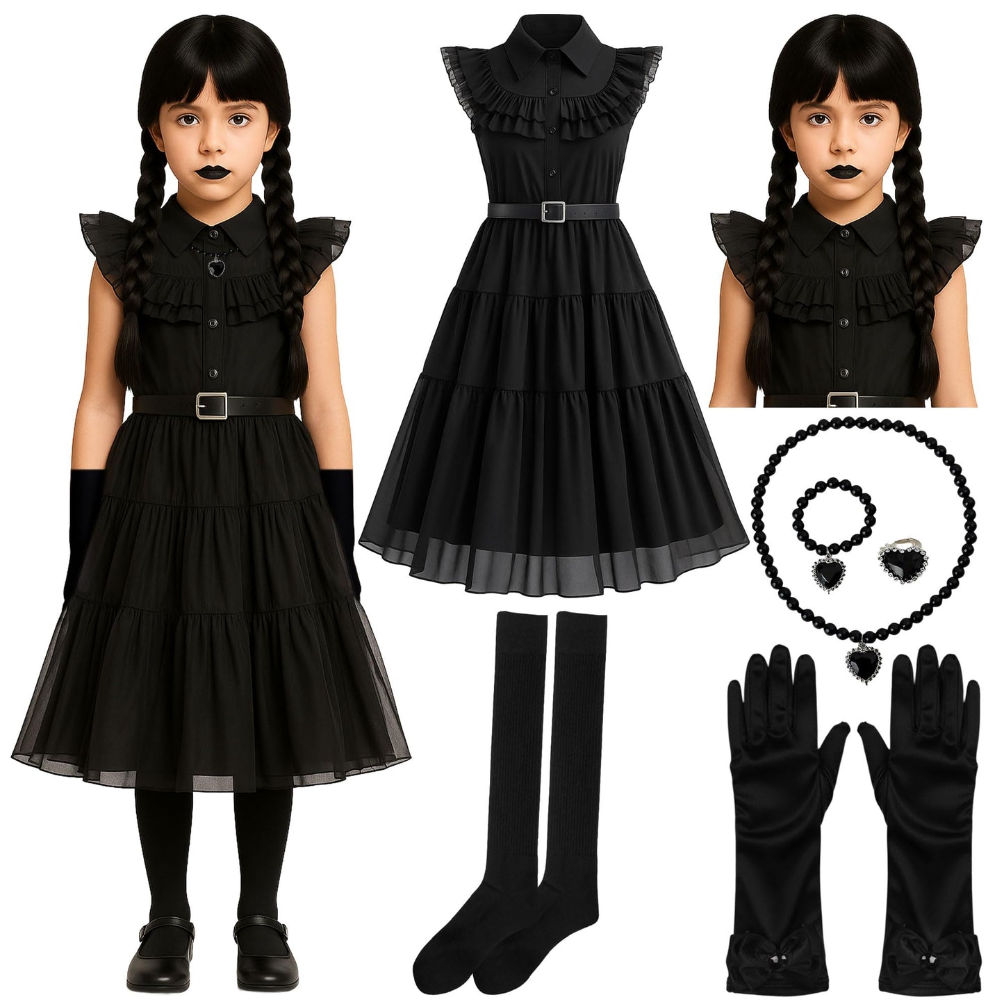 8pc Gothic School Girl Halloween Costume Kids with Gothic Dress and Belt, Kids Black Plaited Wig, Black Gloves, Knee High Socks and Fancy Dress Jewellery - Halloween Costumes for Girls (10-12 Years)