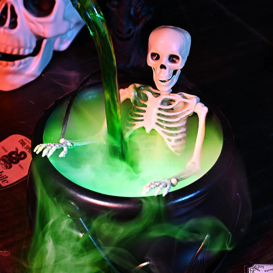 Resin witch cauldron with skeleton prop, 5x7.5 inch Halloween decoration