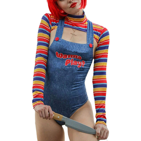 CocMouse Halloween Costumes for Women Scary Nightmare Killer Doll Costume Halloween Doll Clown Costume Sexy Cosplay Jumpsuit (B-Blue, L)