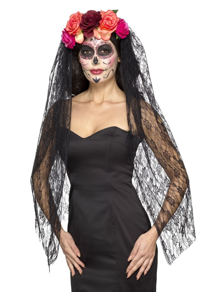 Deluxe Day of the Dead Headband Red & Black With Roses & Veil