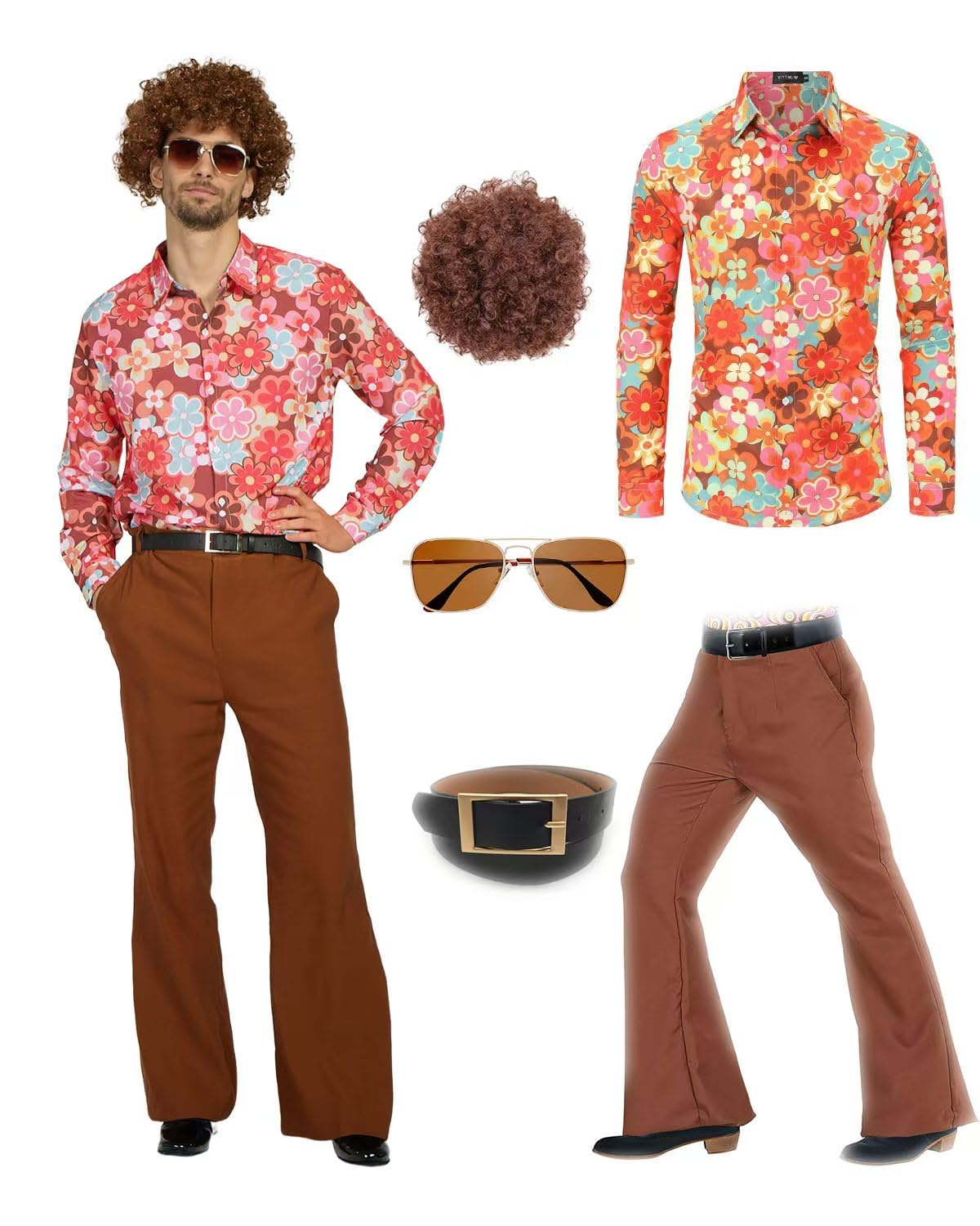70s Disco Costume Set Hippie Men Outfit with Flared Pants Shirt