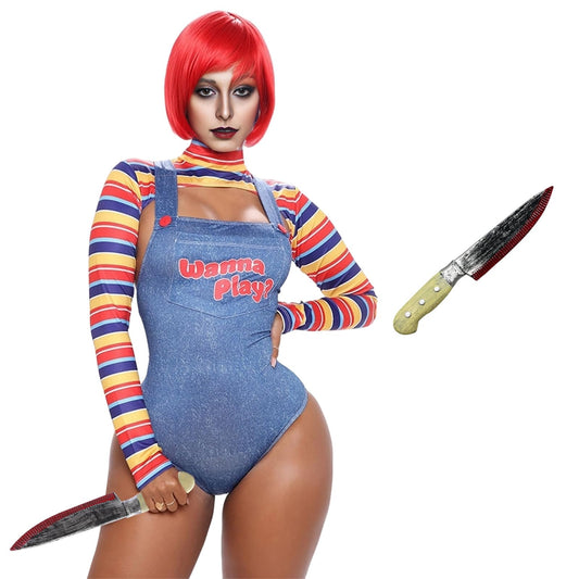 HarnyLoom Chucky Costume Women, Chucky Scary Costumes for Adult Girls Tops Overalls Killer Bloody Outfit Halloween Party Fancy Dress (M)