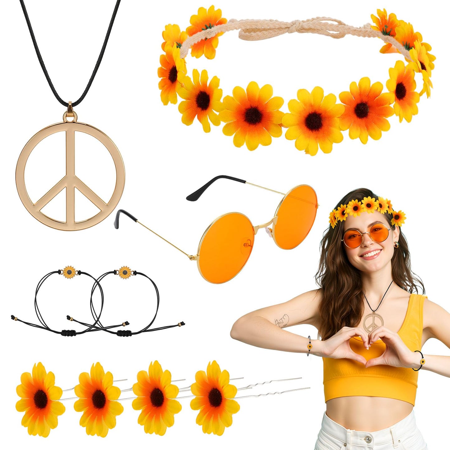 GSrenyu 9 PCS Hippie Accessories, Hippie Costume for Women Includes Sunflower Headband, Flower Sunglasses, Daisy Hair Fork, Sunflower Bracelet, Peace Sign Necklace for 70s 80s Fancy Dress