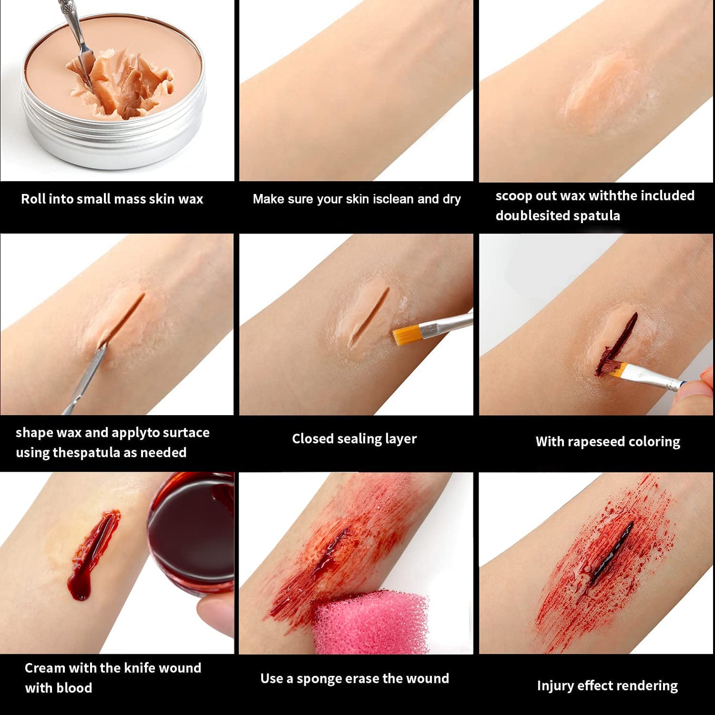 immetee SFX Makeup Kit, Halloween Special Effect Face Body Paint Stage Makeup, Face Paint Palette+3 Scar Wax+1 Fake Blood+4 Paint Brushes+1 Paint Spatula+1 Face Paint Sponge+1 Paint Palette.