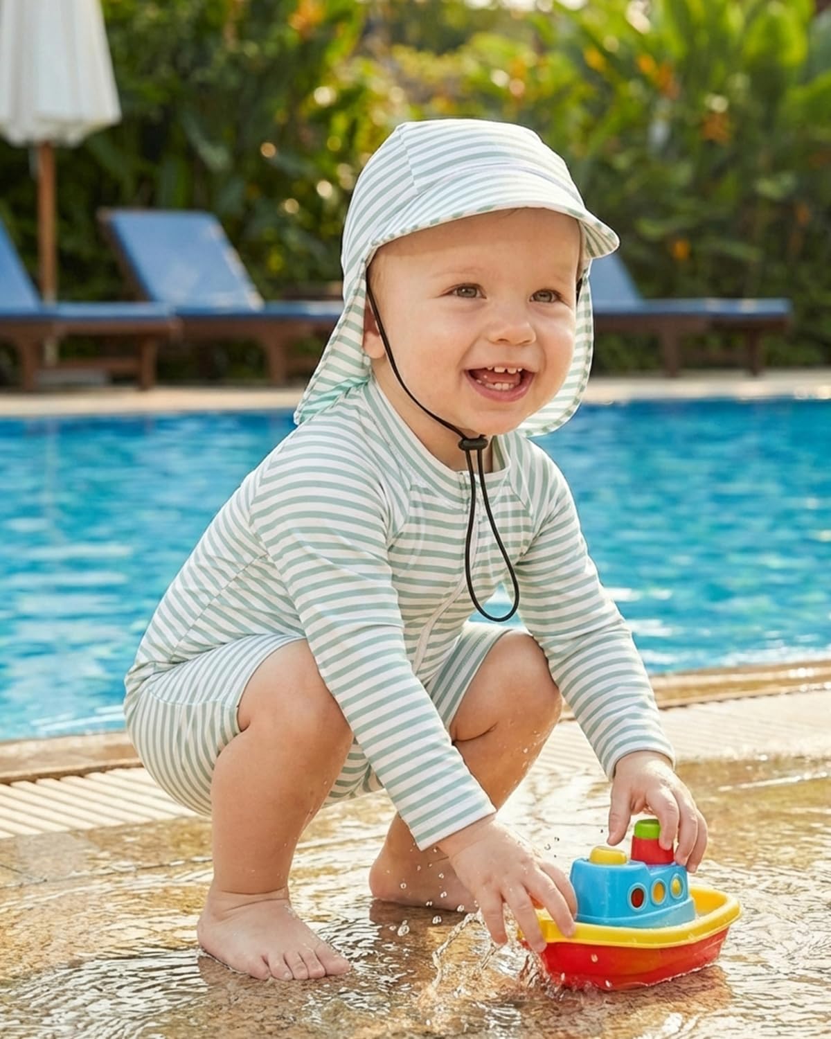 Baby Swimsuit Boy Girl Rash Vest Set 0M-3T, Long Sleeve UPF 50+ Infant Swimming Costume with Hat, Zipper Toddler One Piece Rash Guard Swimwear, Green Stripe 1-2 Years