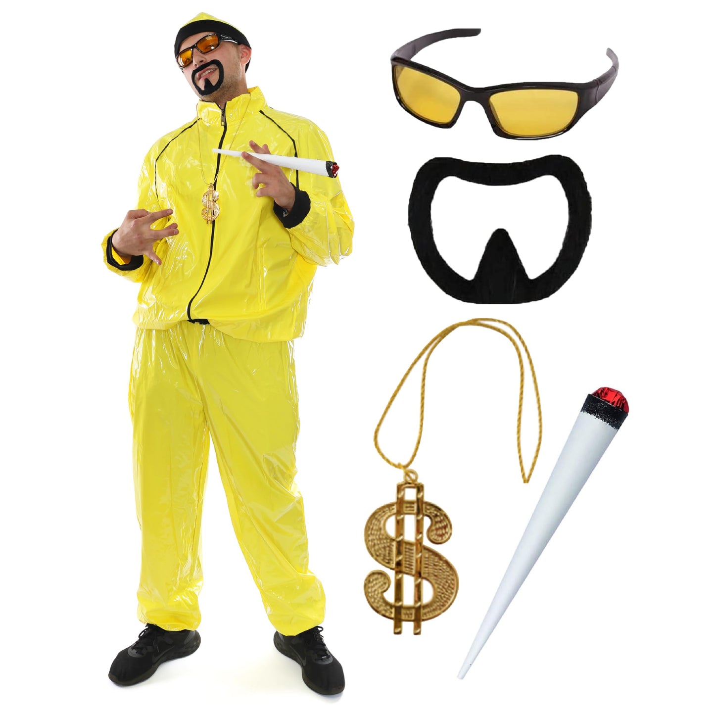 90s Rapper Costume - Medium - Adults Yellow & Black Shell Suit + Matching Hat + Sunglasses + Dollar Chain + Jumbo Spliff + Black Goatee - Funny Rapper Halloween Stag Do Fancy Dress Costume
