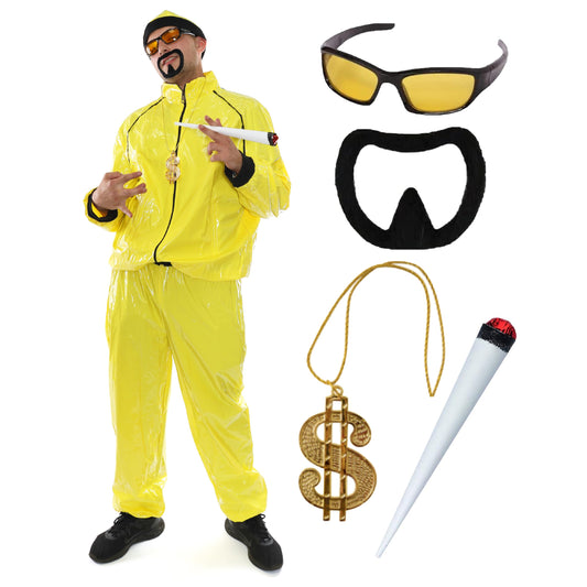 90s Rapper Costume - Medium - Adults Yellow & Black Shell Suit + Matching Hat + Sunglasses + Dollar Chain + Jumbo Spliff + Black Goatee - Funny Rapper Halloween Stag Do Fancy Dress Costume