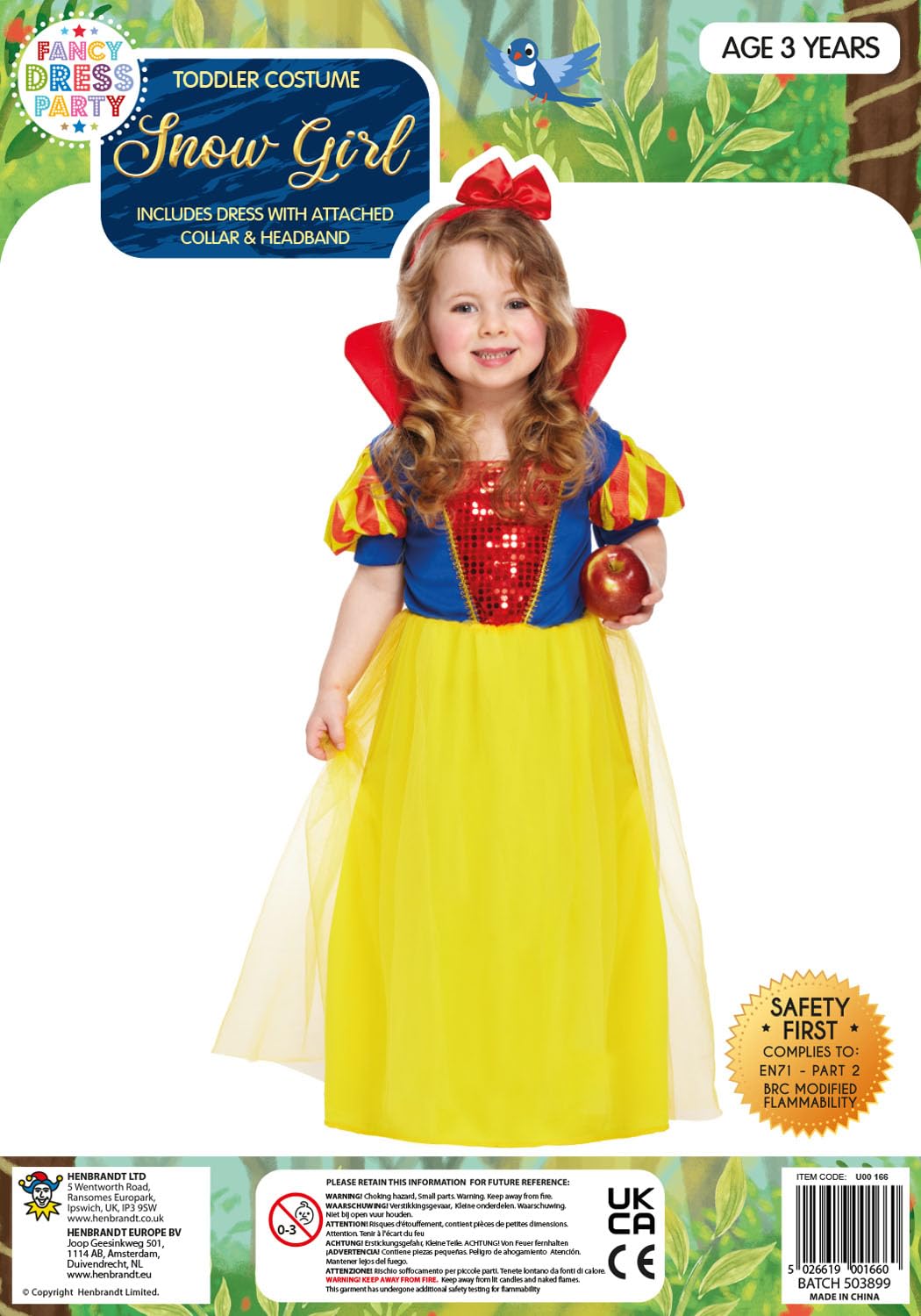 HENBRANDT Toddler’s Snow Girl Princess Costume Outfit Dress Up for Kids with Red Headband Fairytale Book Day Toddler Size Ages 3 Cosplay Halloween Children’s Fancy Dress for Girls