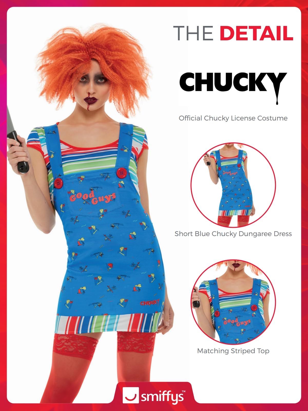 Smiffys Chucky Sexy Costume in Blue Top and Printed Dungarees, Officially Licensed, Iconic Printed Dungarees and Striped Top, Short Dress, Halloween Costume Womens Fancy Dress Sexy Chucky