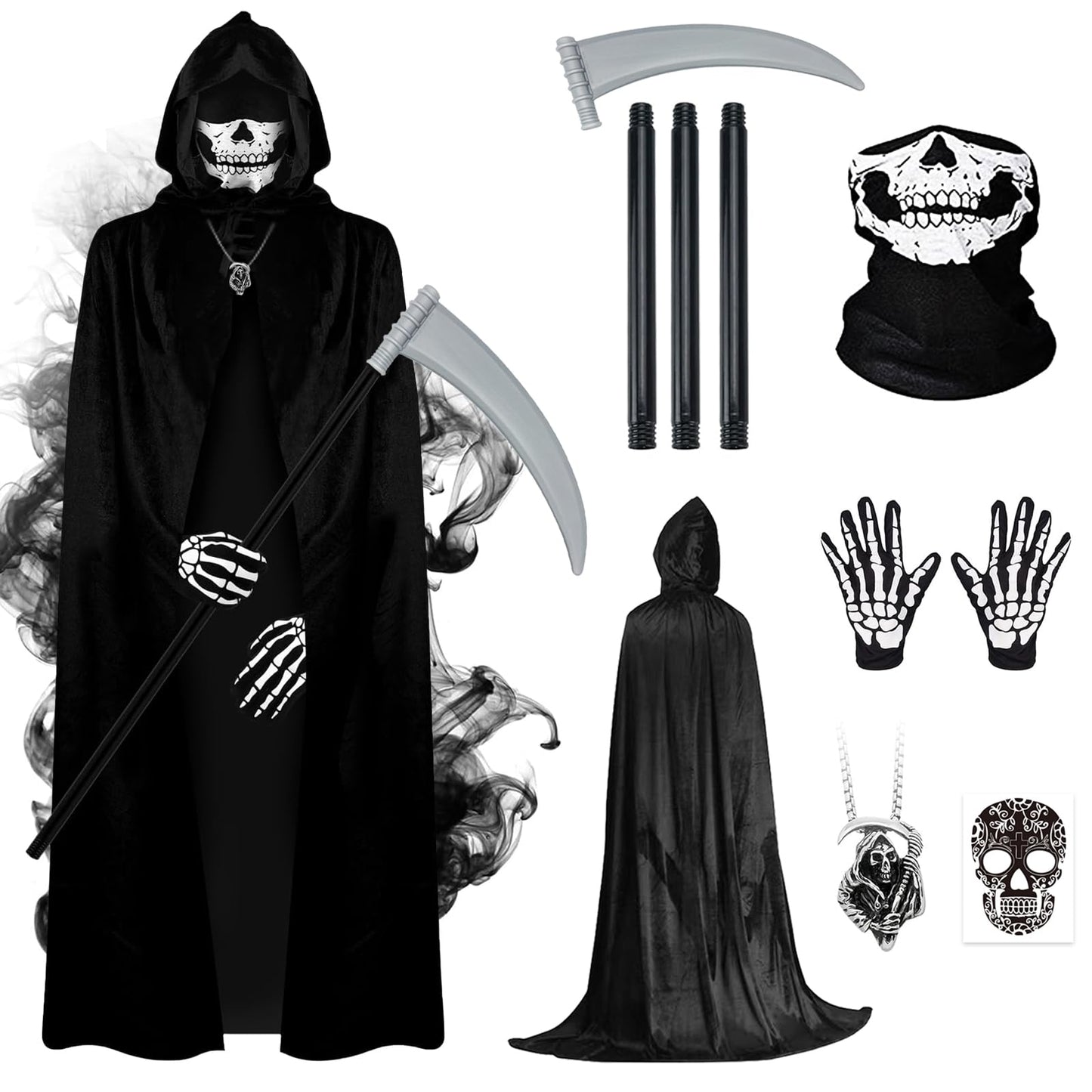 Gatwrmth 6-Piece Grim Reaper Costume Halloween Fancy Dress – Hooded Velvet Cloak with Skull Mask, Skeleton Gloves, Scythe Prop, Skull Necklace & Temporary Tattoos – One Size Fits Most Teens & Adults
