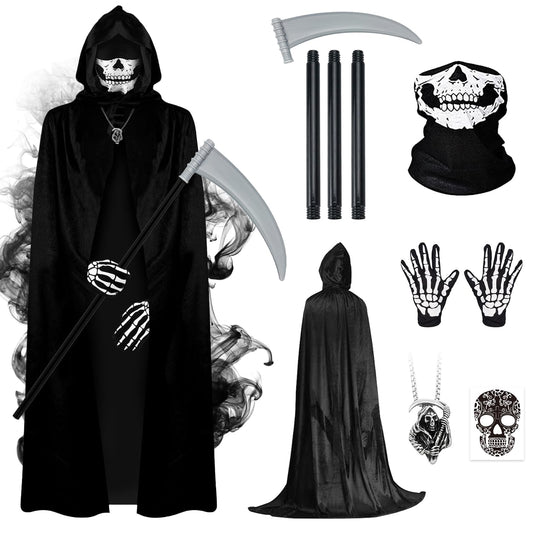 Grim reaper costume with hooded cloak and skull mask