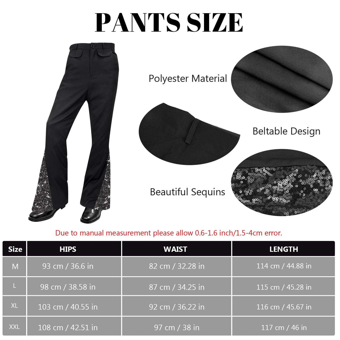 Malloom 70s Fancy Dress Mens Outfits, 6 Pcs Disco Outfit Retro Costume with Bell Bottom Pants for Disco Party (Gold) (L)