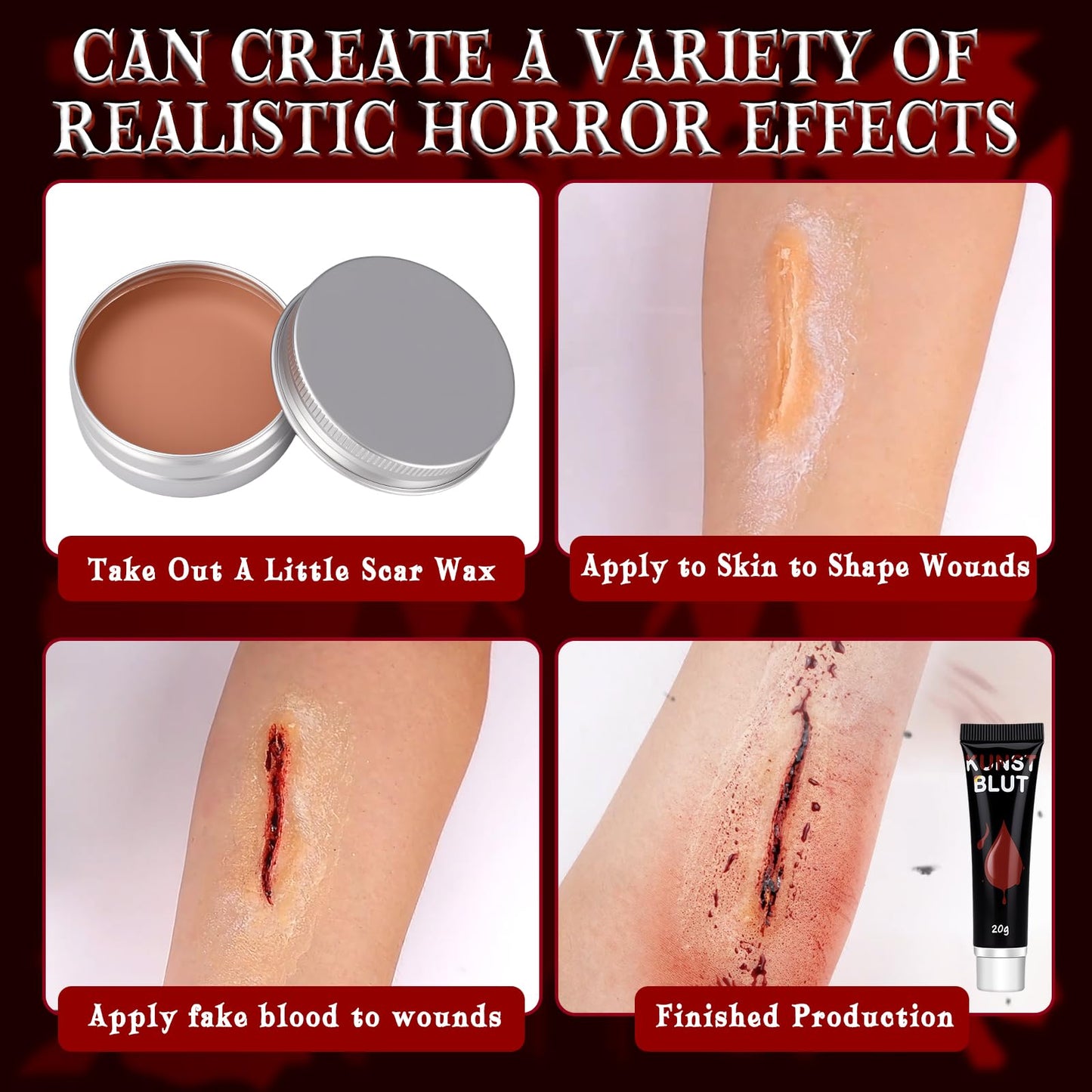 Face Paint Halloween Makeup Kit - White Black Red Face Paints Professional Adults with Fake Blood, Scars, tattoos, 8 Color Body Painting Set For Zombie Vampire Skeleton Joker Clown Witch Cosplay