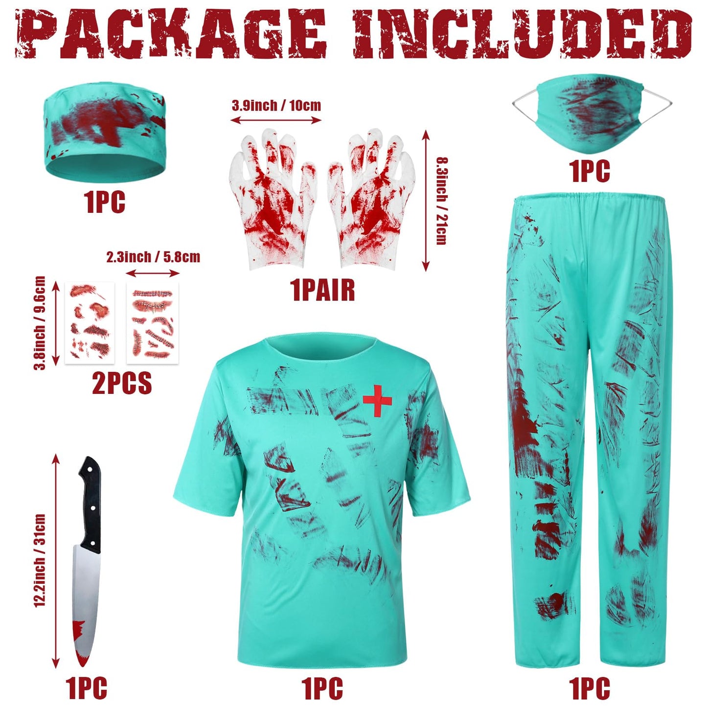 Joyesplay Bloody Surgeon Costume Fancy Dress Costume 7Pcs Set Surgeon Blue Couples Halloween Adult Scrubs Bloody Splatter Horror Halloween for Men