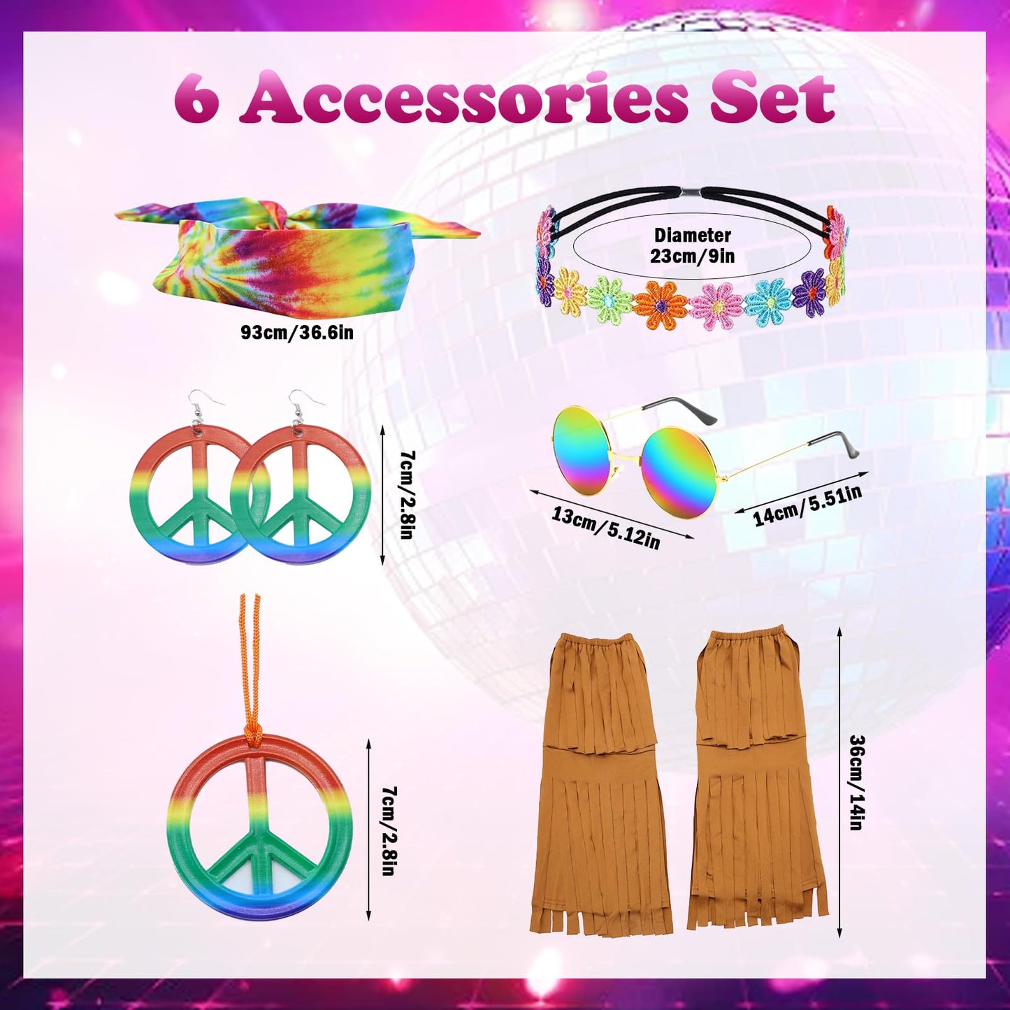 70s Fancy Dress Women Disco Hippie Costume Outfits 7 Pieces Accessories Set Fringe Leg Warmers Boho Headband Necklace Earrings Sunglasses for Party Halloween, bandhnu