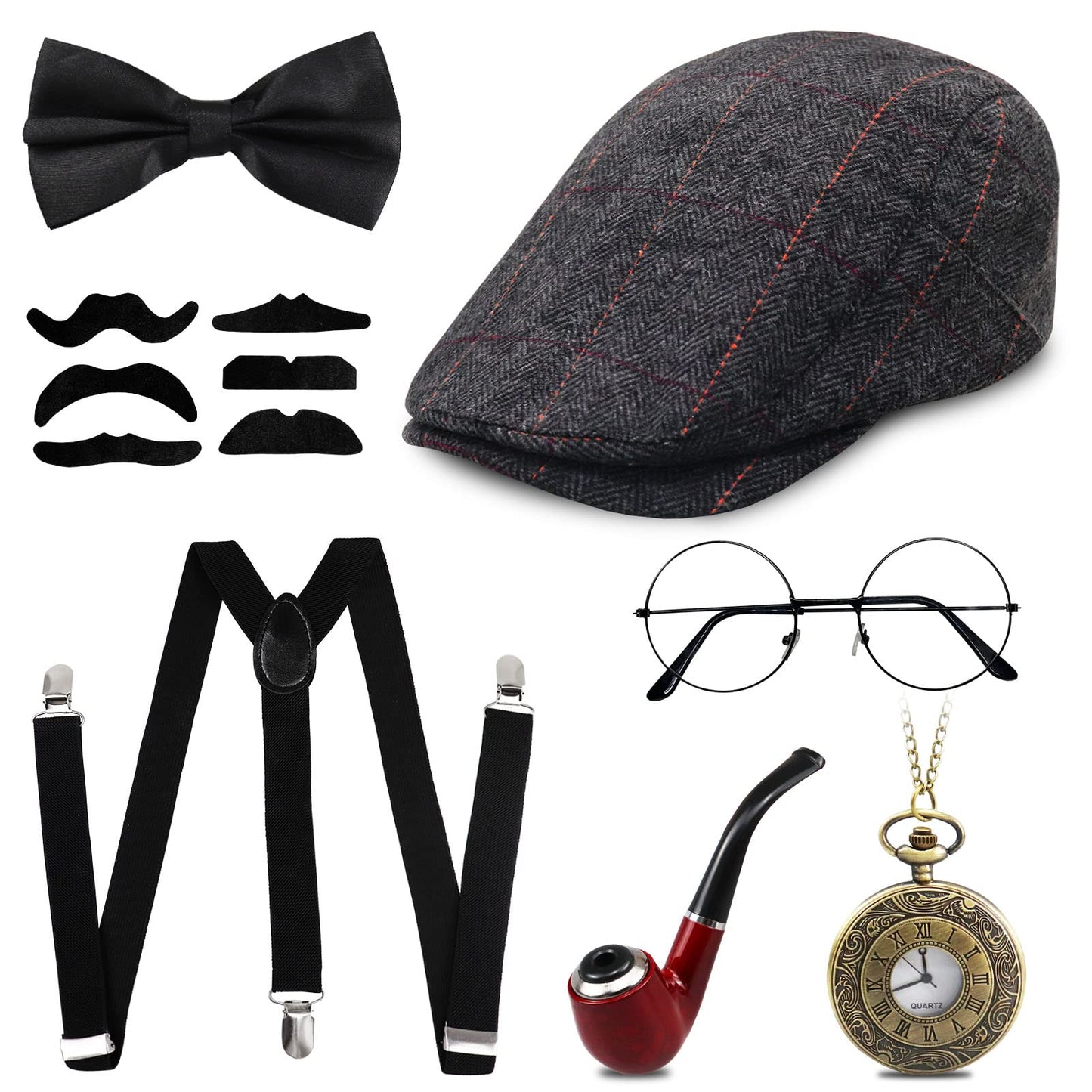 Grantop 1920s Gatsby Costume for Men,1920s Men Fancy Dress Accessories Set,Retro Gangster Costume Kit with Panama Hat Elastic Suspenders Mustache Pocket Watch Cigar (Style-1)