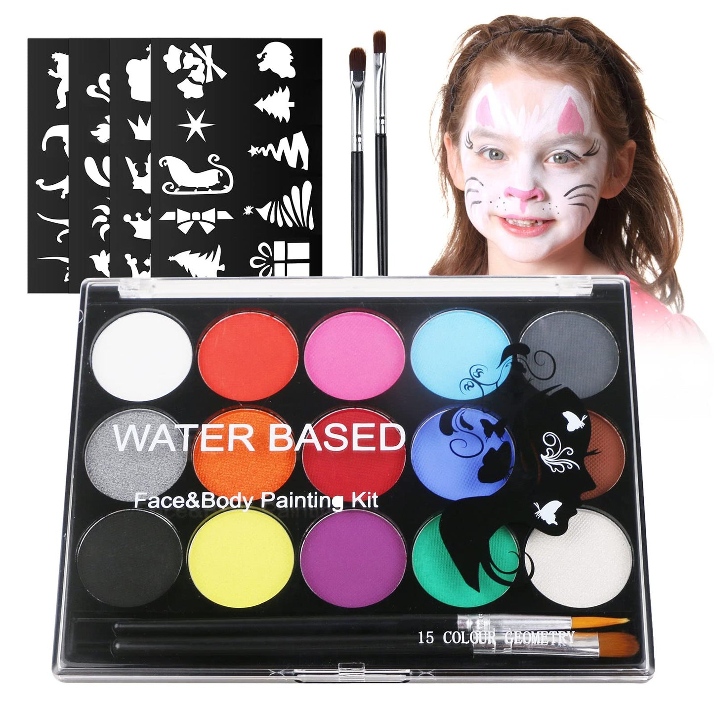 URAQT Face Paint, 15 Color Face Painting Palette with 2 Brushes 32 Stencils, Washable Face Paints Safe Body Paint for Adults Kids Halloween Carnival, Makeup Paint Non-Toxic to Use