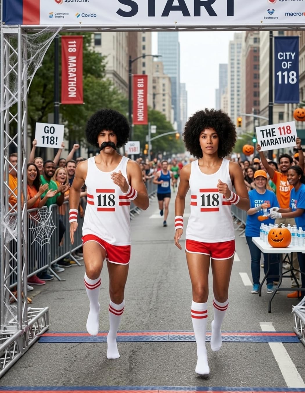 RIDDLED WITH STYLE Unisex 118 Marathon Fancy Dress Costume Set Retro Sleeveless Vest Shorts Moustache Socks Wig Running Outfit Mens Womens Party Event Fun Run UK Sizes S-XL