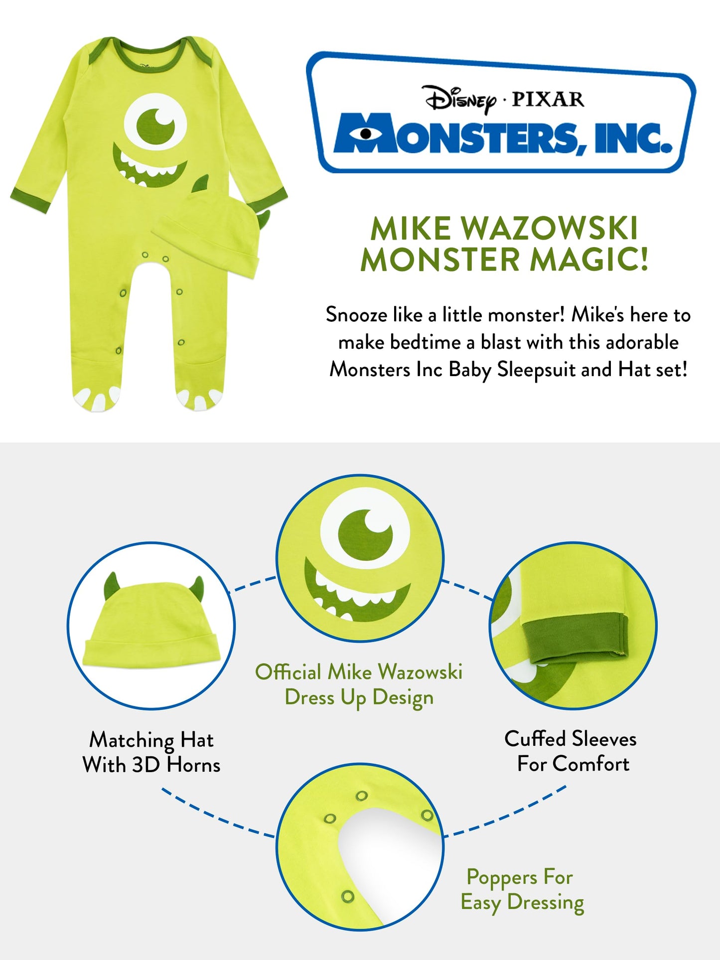 Disney Monsters Inc Baby Newborn Sleepsuit With Hat | Mike Wazowski Costume Monsters Inc Baby Grow Costume | Green 9-12 Months