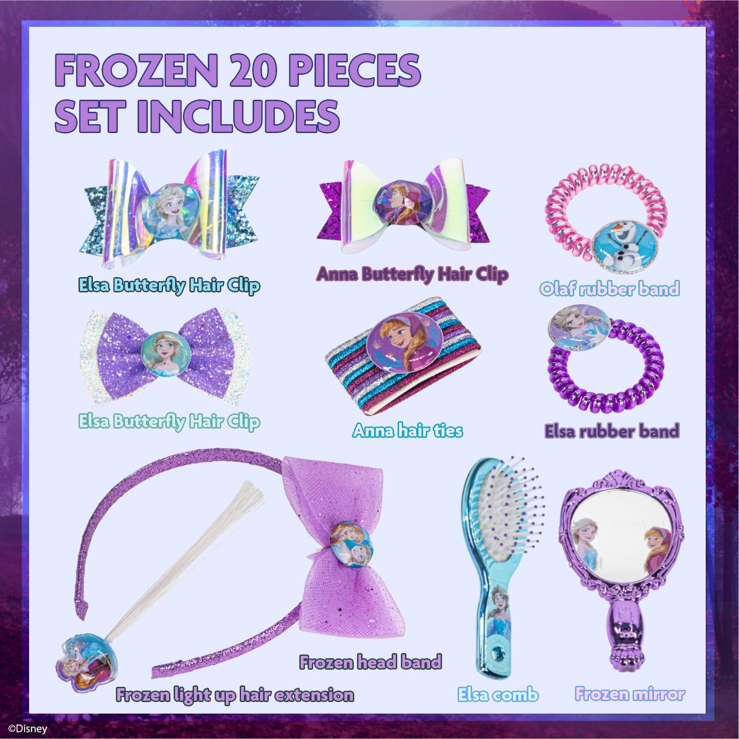 Disney Frozen 2 - Townley Girl Hair Accessories Box|Gift Set for Kids Tweens Girls|Ages 3+ Including Hair Ties & Bows, Mirror, Headband, Brush and More, for Parties, Sleepovers and Makeovers, 20 Pcs
